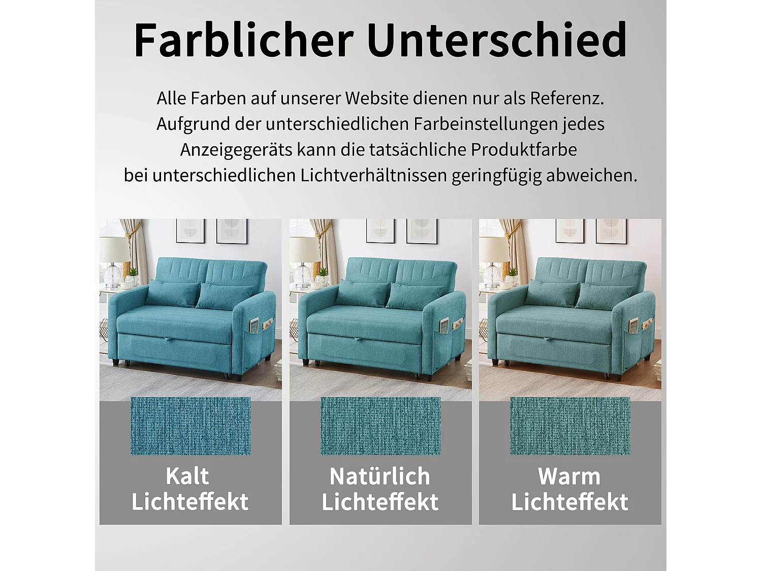 Canapé convertible 2 places bleu vert en coton et lin, dossier réglable et couchage d'appoint pour salon
