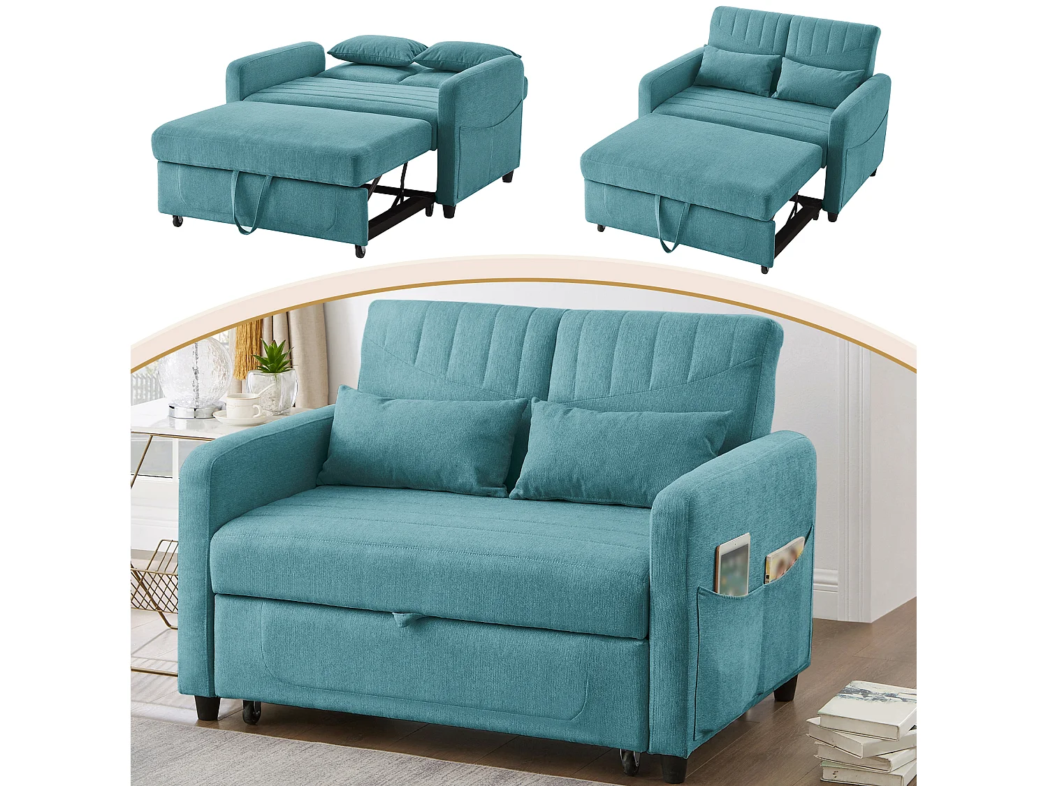 Canapé convertible 2 places bleu vert en coton et lin, dossier réglable et couchage d'appoint pour salon