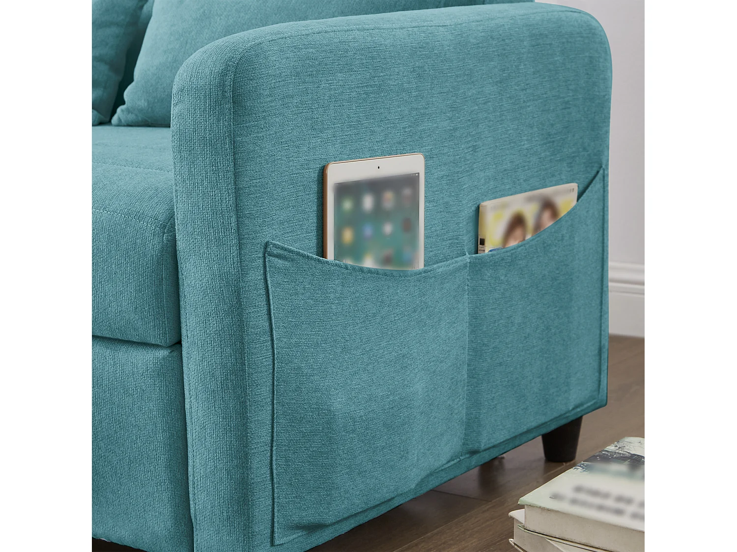 Canapé convertible 2 places bleu vert en coton et lin, dossier réglable et couchage d'appoint pour salon