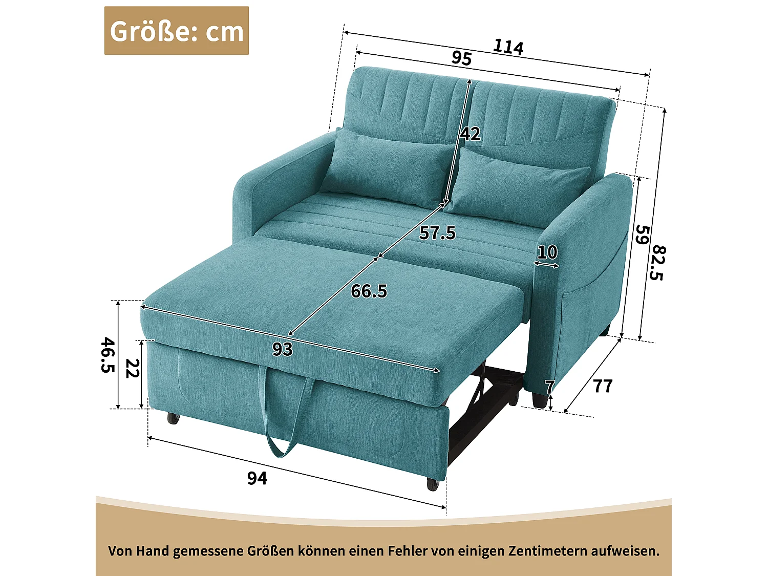Canapé convertible 2 places bleu vert en coton et lin, dossier réglable et couchage d'appoint pour salon