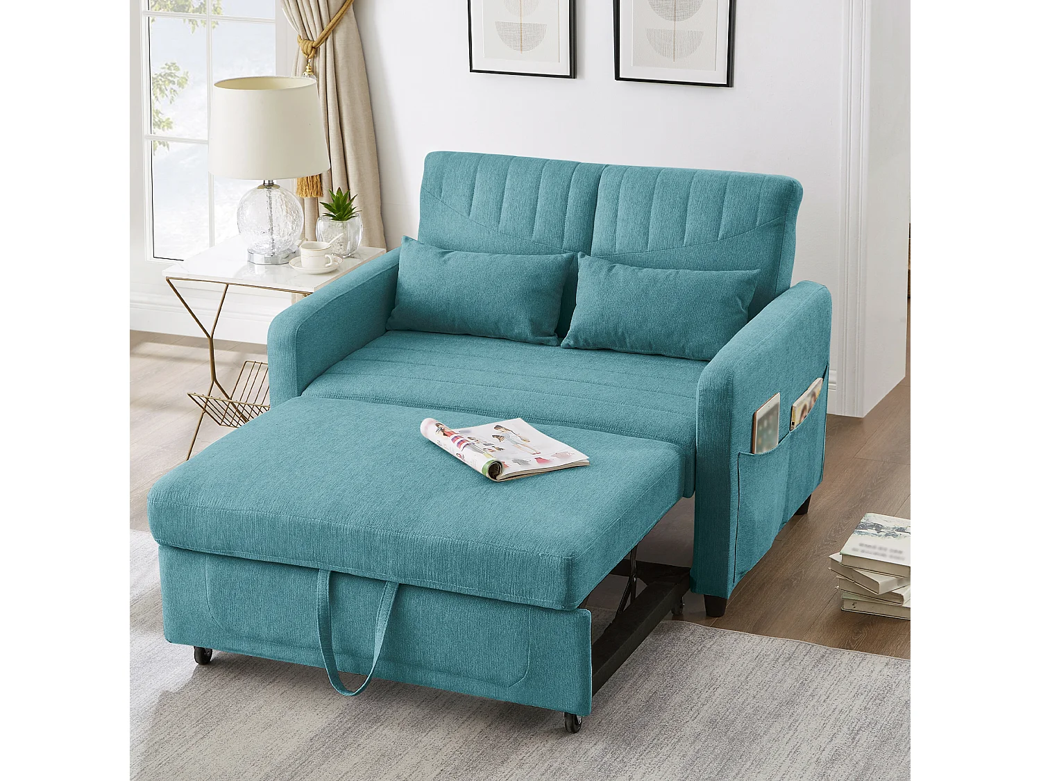 Canapé convertible 2 places bleu vert en coton et lin, dossier réglable et couchage d'appoint pour salon