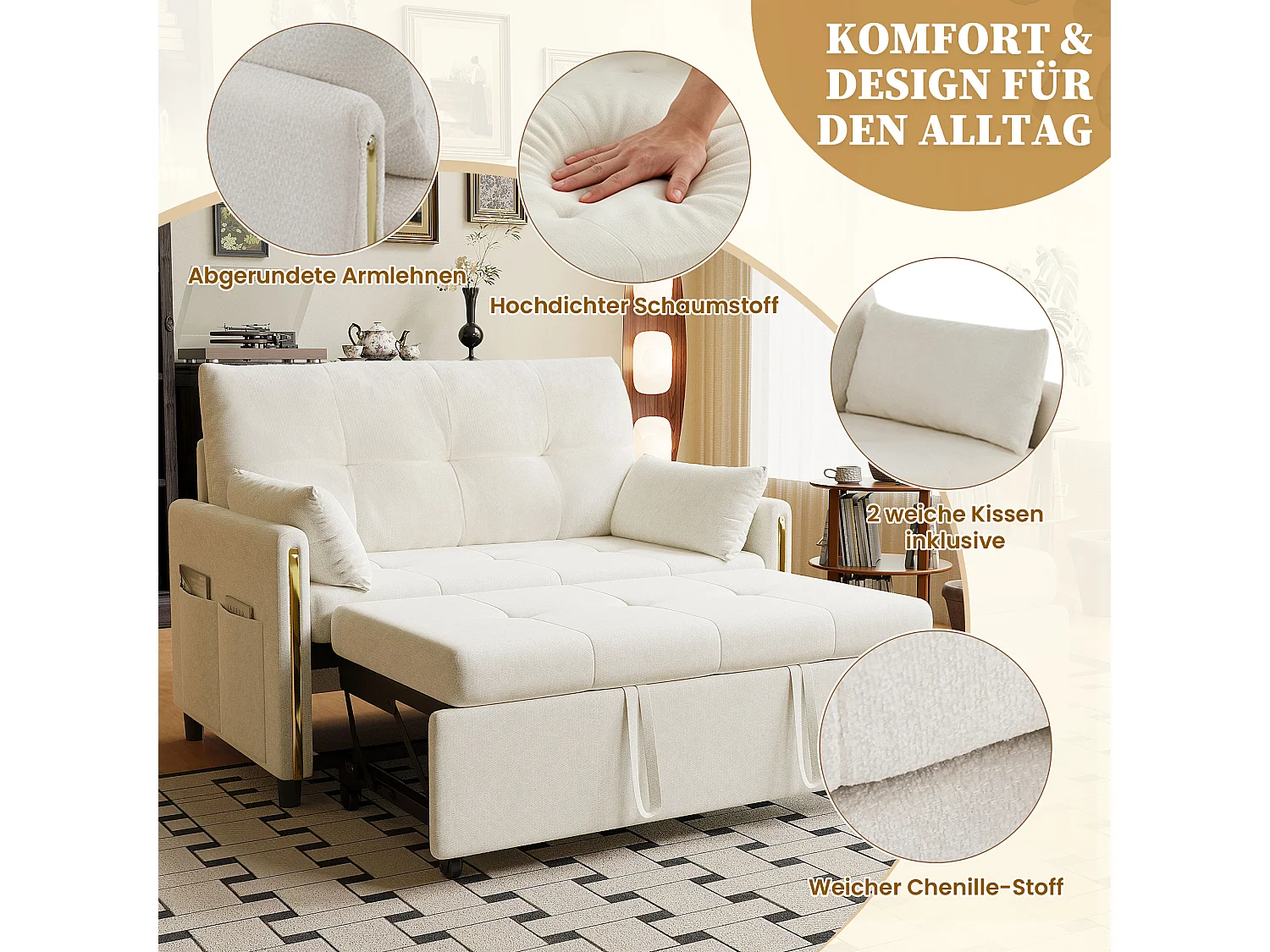 Canapé convertible 3 en 1, 2 places en chenille beige clair, dossier inclinable et lit extensible pour salon