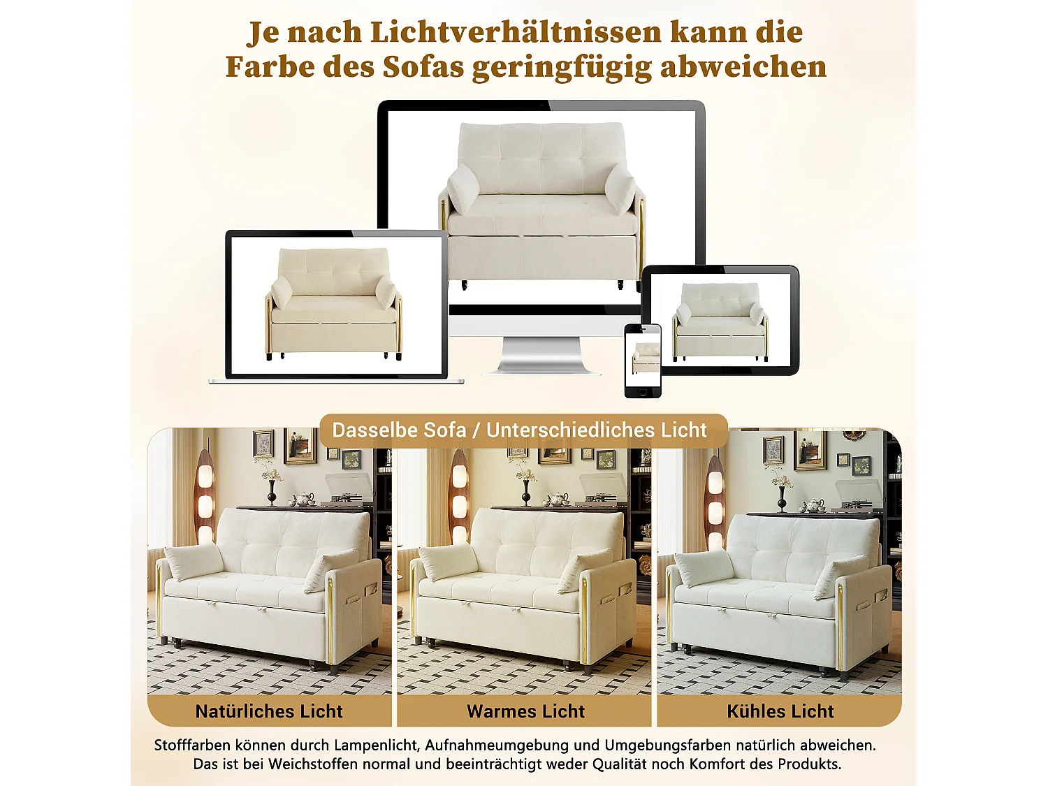 Canapé convertible 3 en 1, 2 places en chenille beige clair, dossier inclinable et lit extensible pour salon