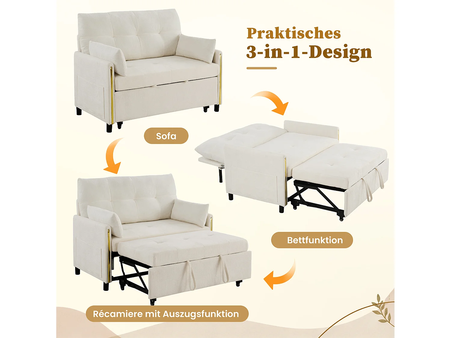 Canapé convertible 3 en 1, 2 places en chenille beige clair, dossier inclinable et lit extensible pour salon