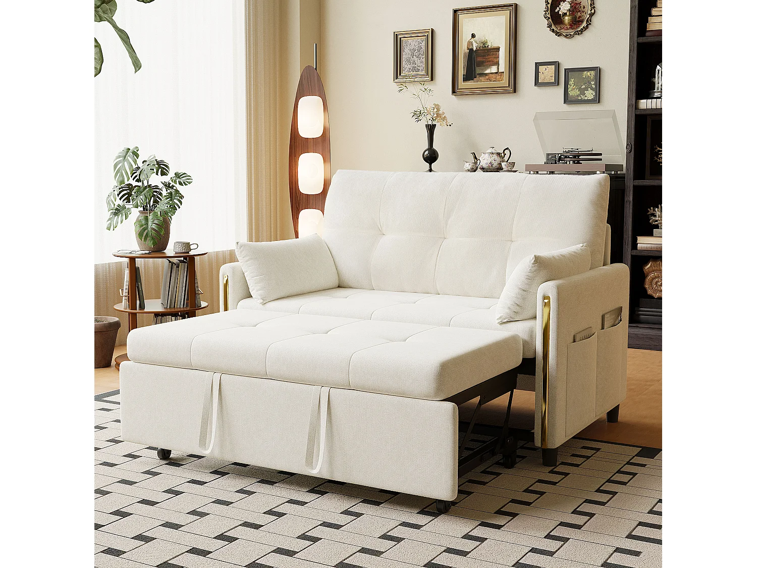 Canapé convertible 3 en 1, 2 places en chenille beige clair, dossier inclinable et lit extensible pour salon