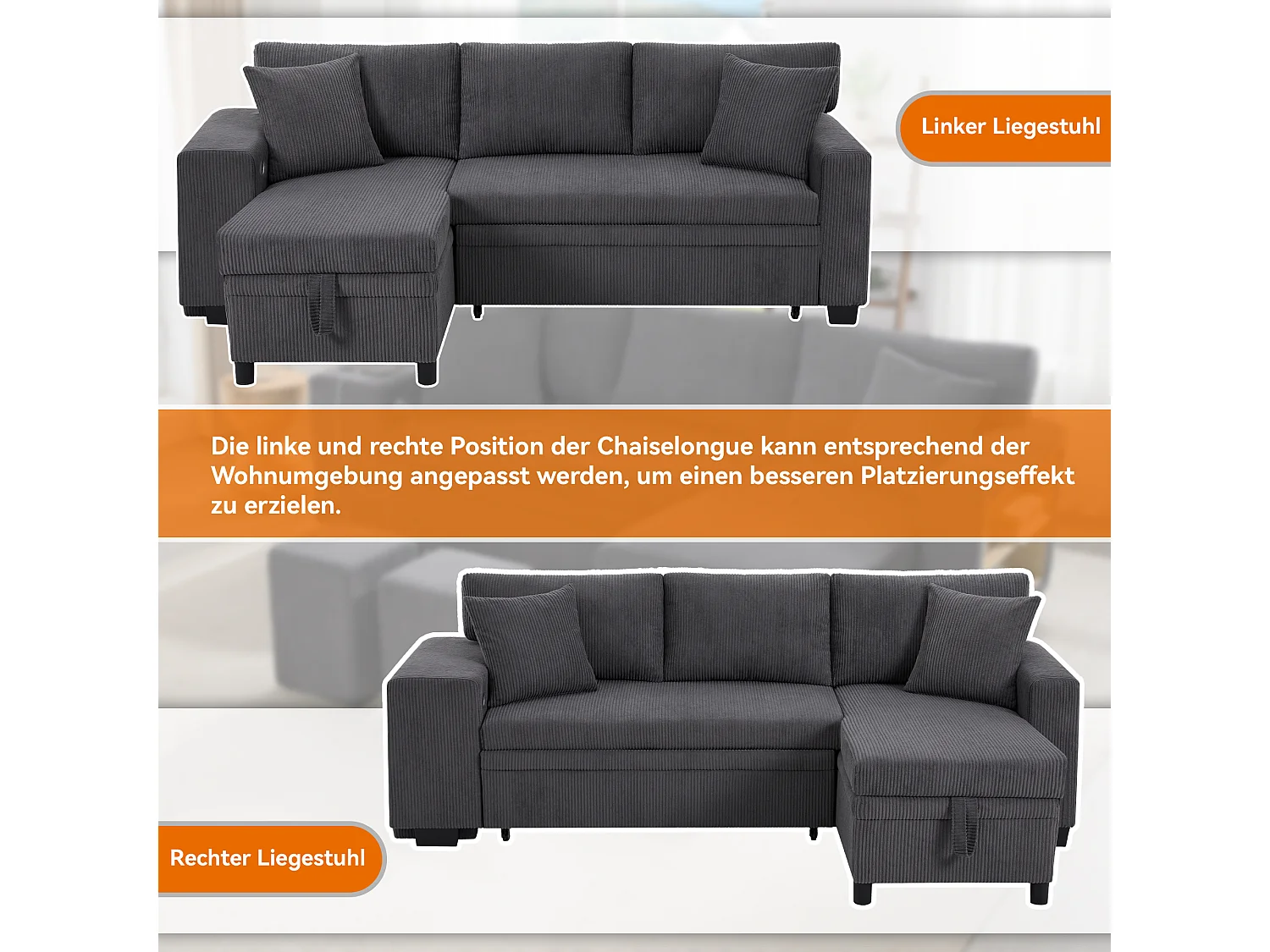 Canapé d'angle convertible 3 places en velours côtelé gris, méridienne réversible et rangement pour salon