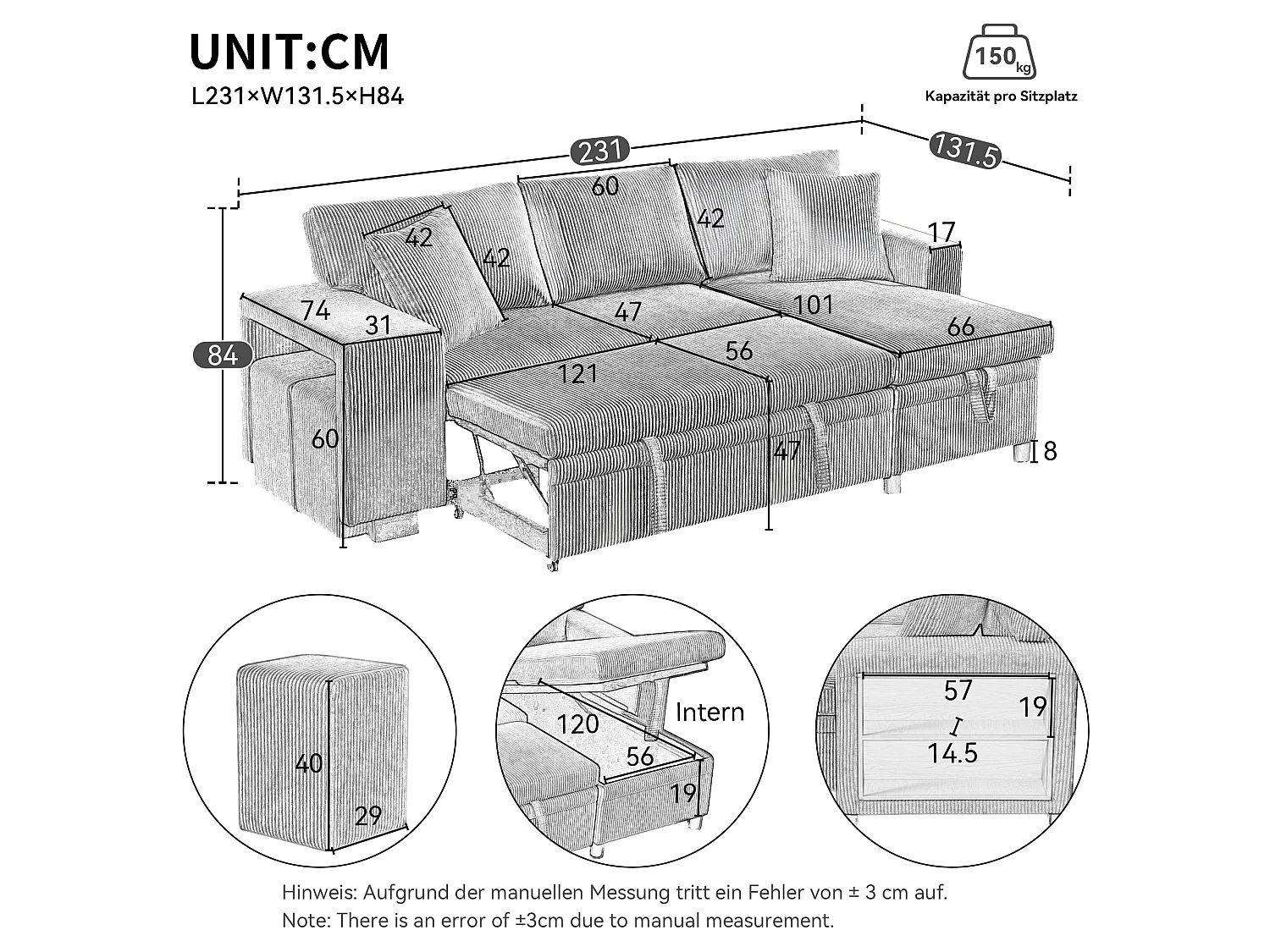 Canapé d'angle convertible 3 places en velours côtelé gris, méridienne réversible et rangement pour salon