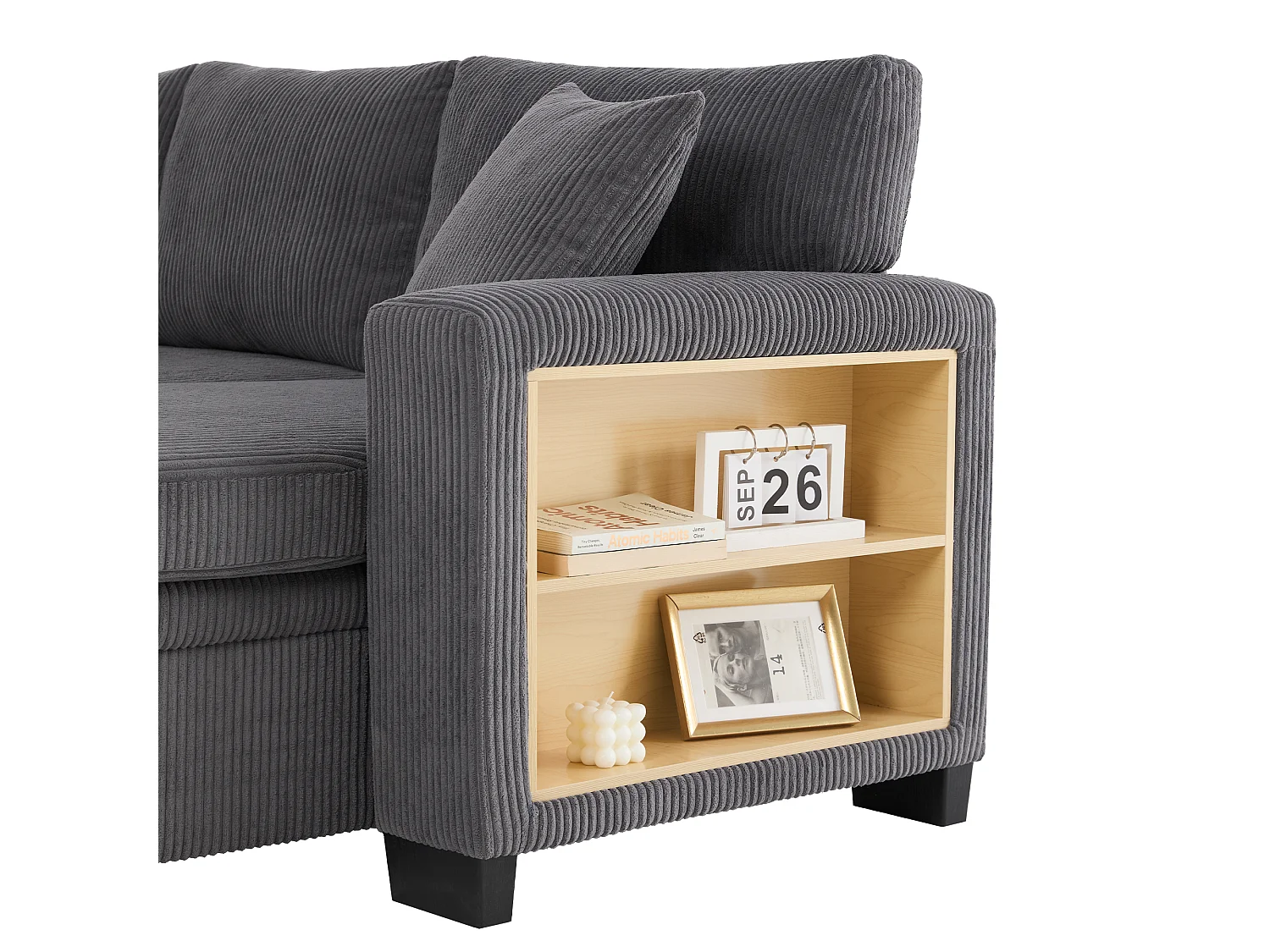 Canapé d'angle convertible 3 places en velours côtelé gris, méridienne réversible et rangement pour salon