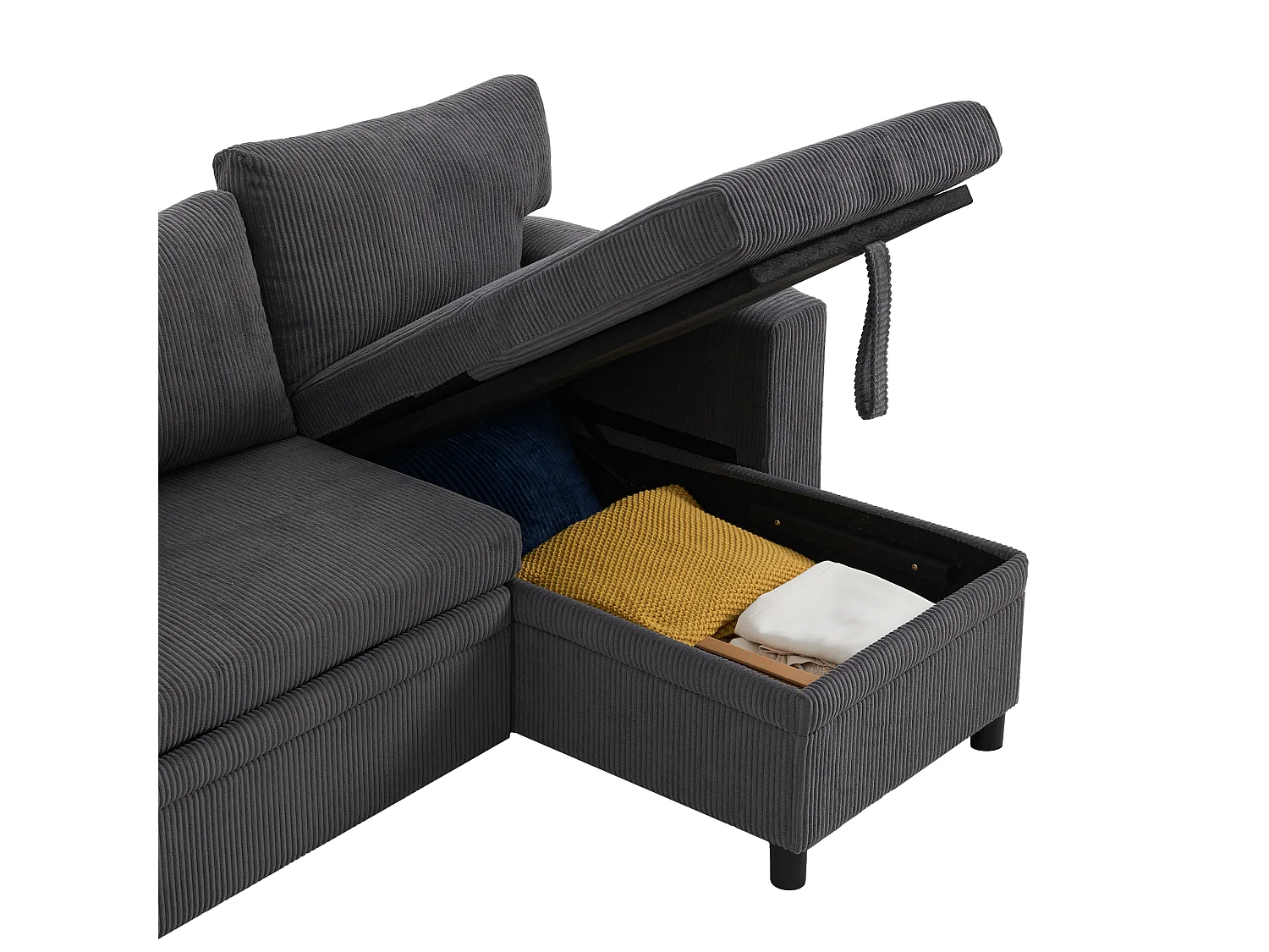 Canapé d'angle convertible 3 places en velours côtelé gris, méridienne réversible et rangement pour salon