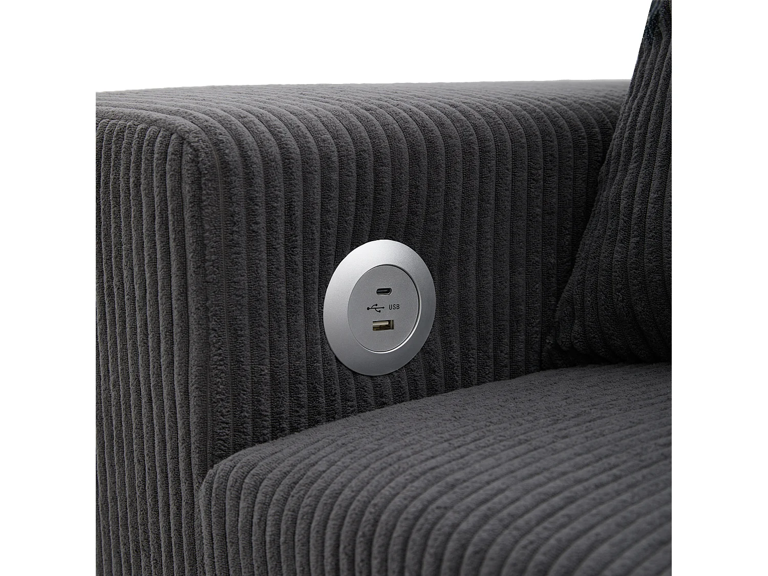 Canapé d'angle convertible 3 places en velours côtelé gris, méridienne réversible et rangement pour salon