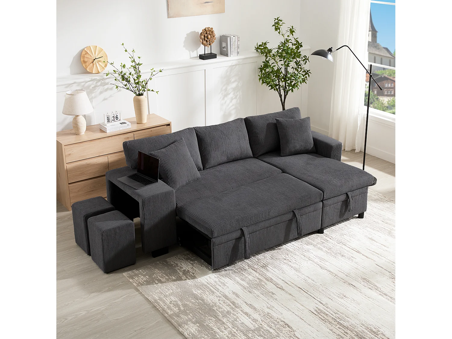 Canapé d'angle convertible 3 places en velours côtelé gris, méridienne réversible et rangement pour salon