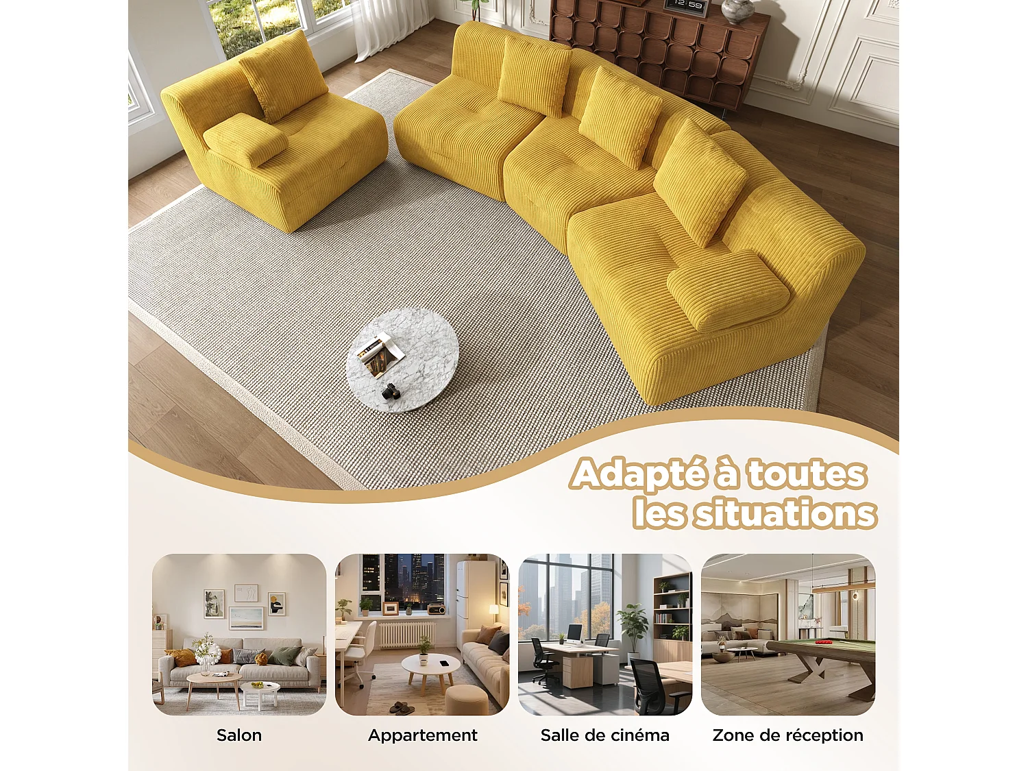 Canapé modulable 4 places en velours côtelé jaune vif, sans montage pour salon
