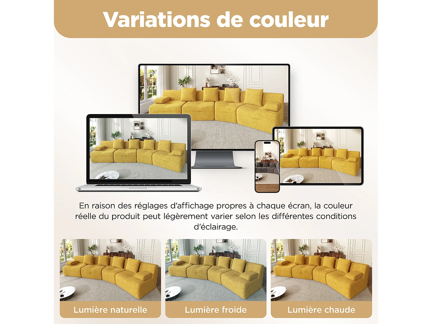 Canapé modulable 4 places en velours côtelé jaune vif, sans montage pour salon