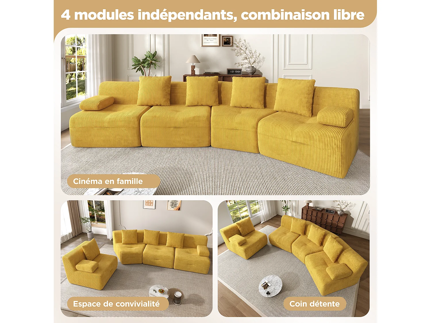 Canapé modulable 4 places en velours côtelé jaune vif, sans montage pour salon