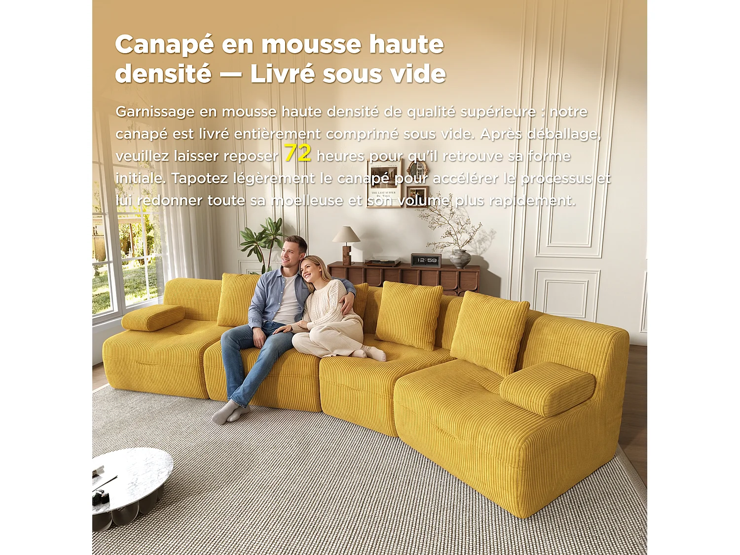 Canapé modulable 4 places en velours côtelé jaune vif, sans montage pour salon