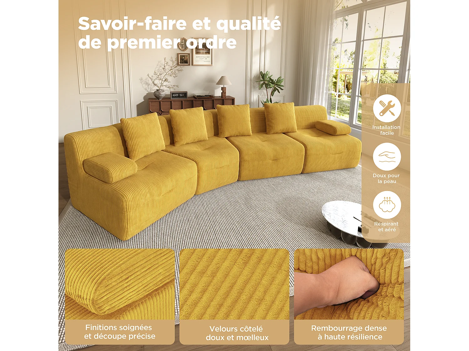 Canapé modulable 4 places en velours côtelé jaune vif, sans montage pour salon
