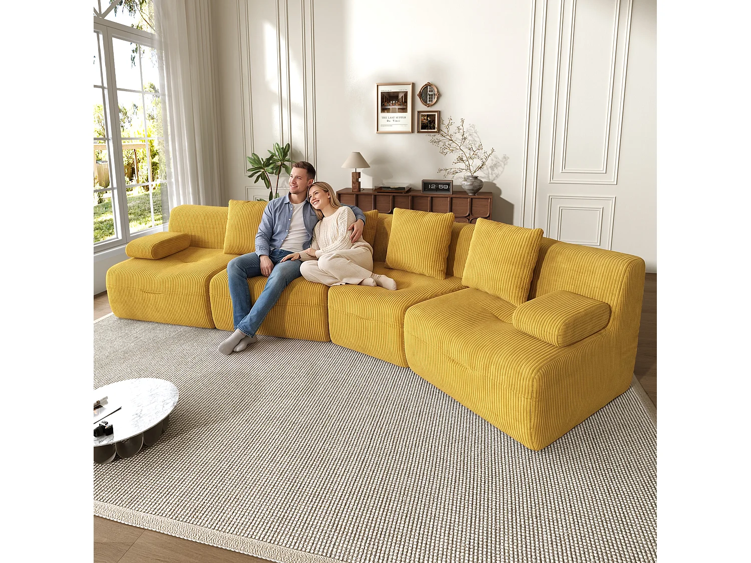 Canapé modulable 4 places en velours côtelé jaune vif, sans montage pour salon