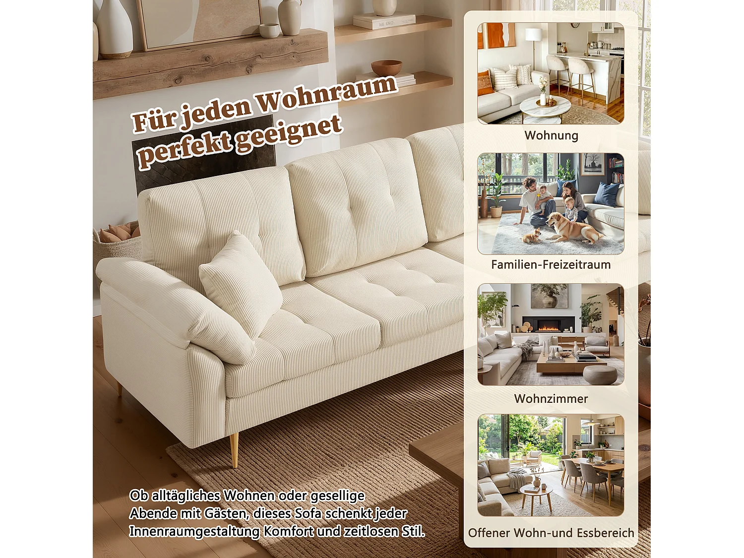 Canapé 4 places en velours côtelé beige clair, pouf séparé pour configuration en L au salon