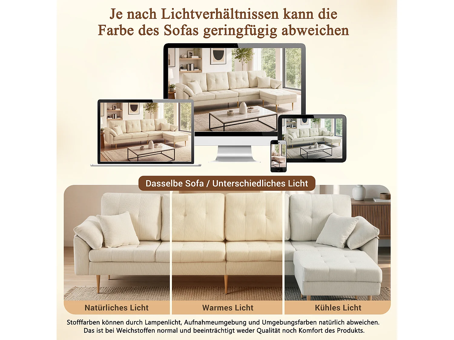 Canapé 4 places en velours côtelé beige clair, pouf séparé pour configuration en L au salon
