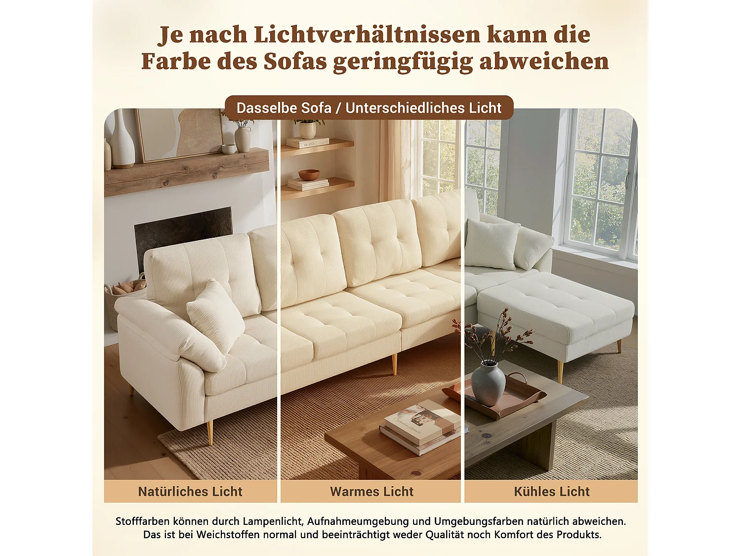 Canapé 4 places en velours côtelé beige clair, pouf séparé pour configuration en L au salon