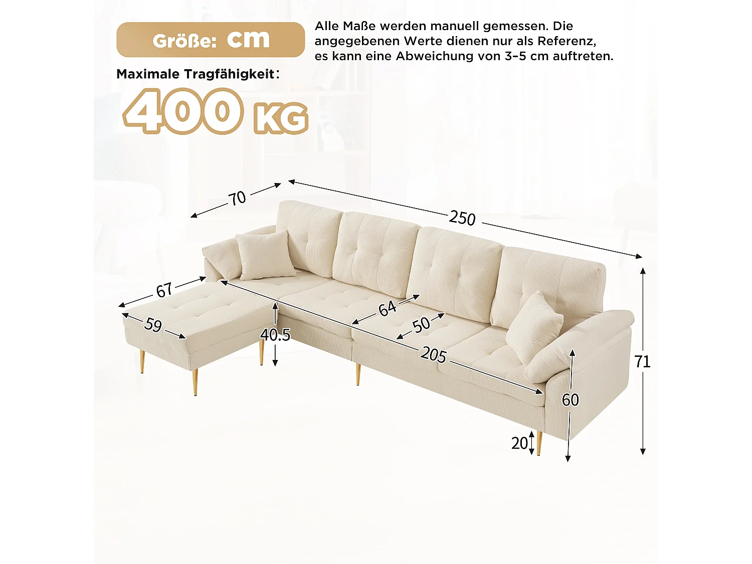 Canapé 4 places en velours côtelé beige clair, pouf séparé pour configuration en L au salon