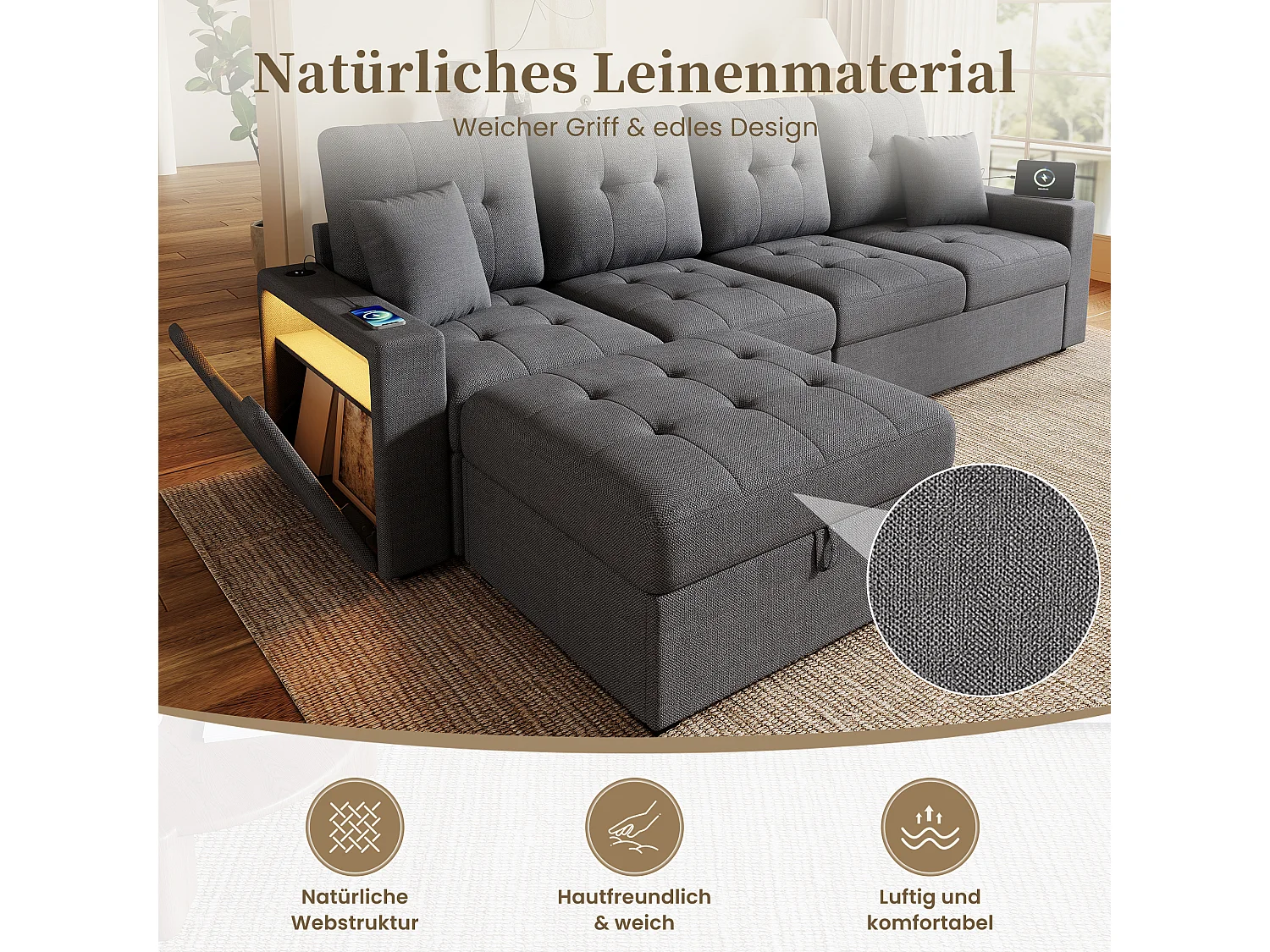 Canapé en L modulable 4 places en lin gris, pouf coffre et rangements avec USB et LED pour salon