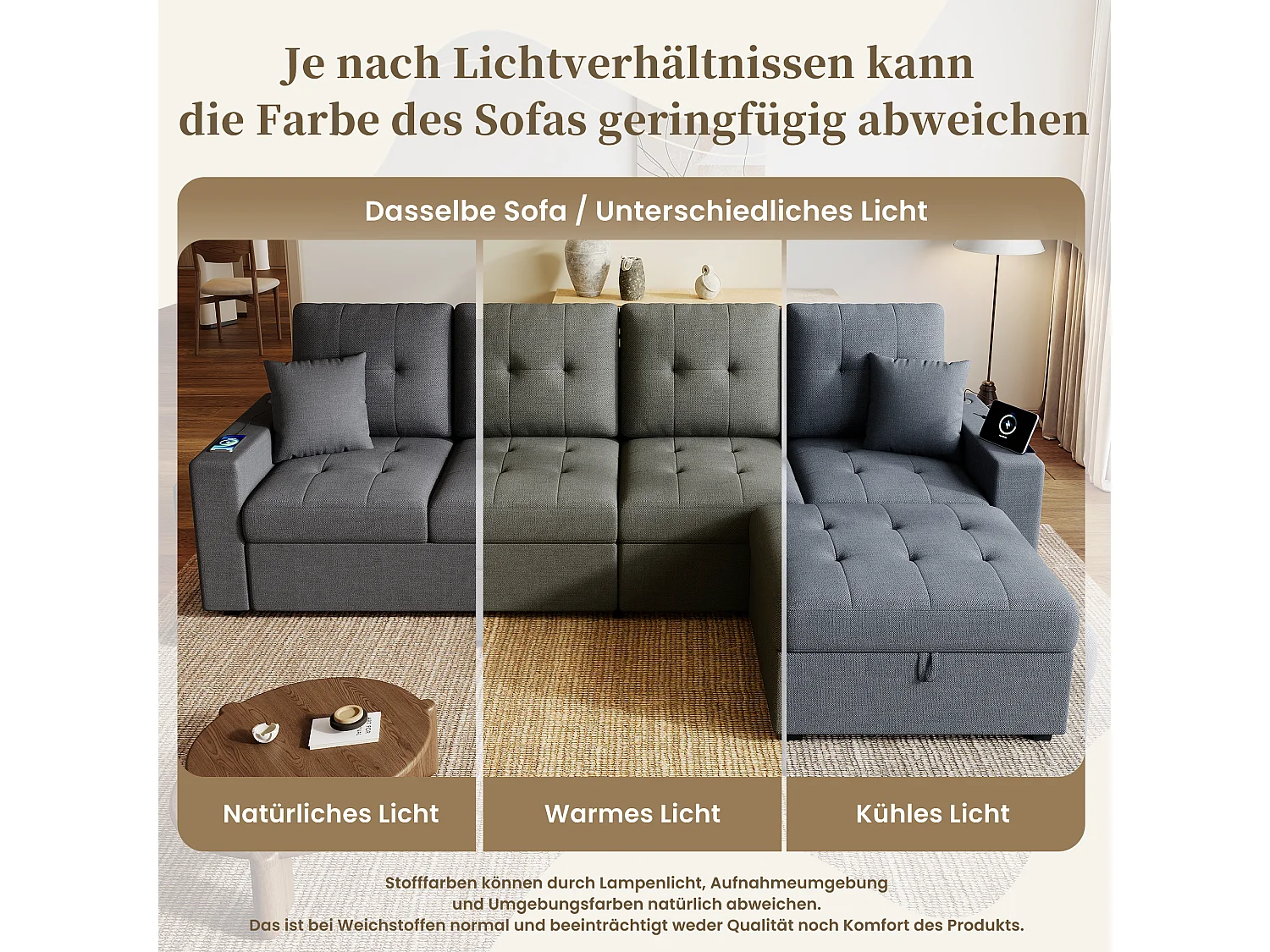Canapé en L modulable 4 places en lin gris, pouf coffre et rangements avec USB et LED pour salon