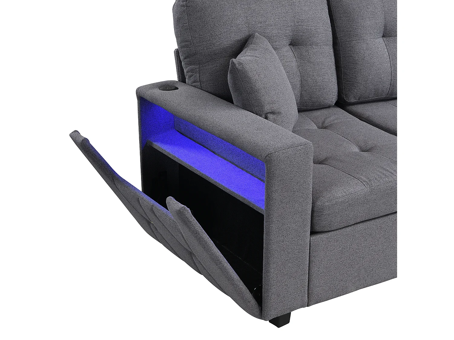 Canapé en L modulable 4 places en lin gris, pouf coffre et rangements avec USB et LED pour salon