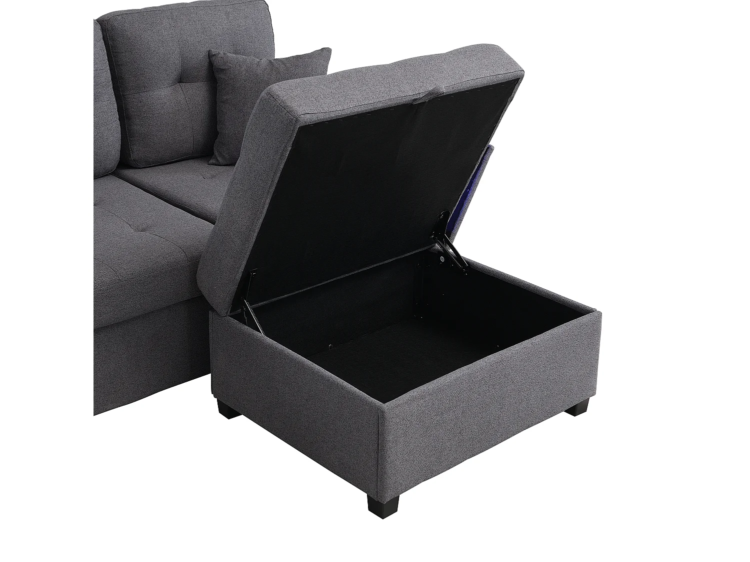 Canapé en L modulable 4 places en lin gris, pouf coffre et rangements avec USB et LED pour salon