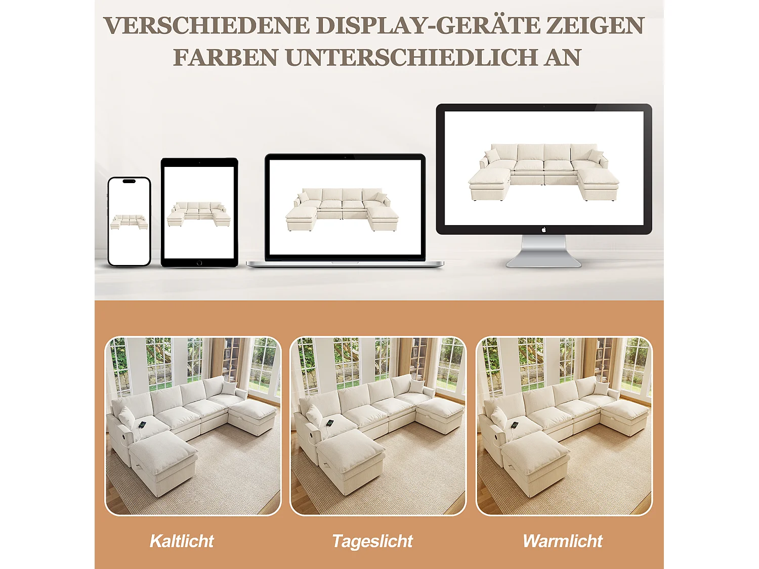 Canapé d’angle modulable en U ou en L, tissu beige, 2 poufs avec rangement pour le salon