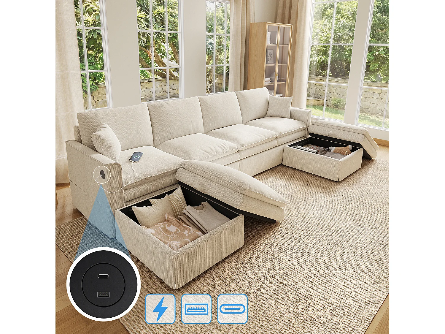 Canapé d’angle modulable en U ou en L, tissu beige, 2 poufs avec rangement pour le salon
