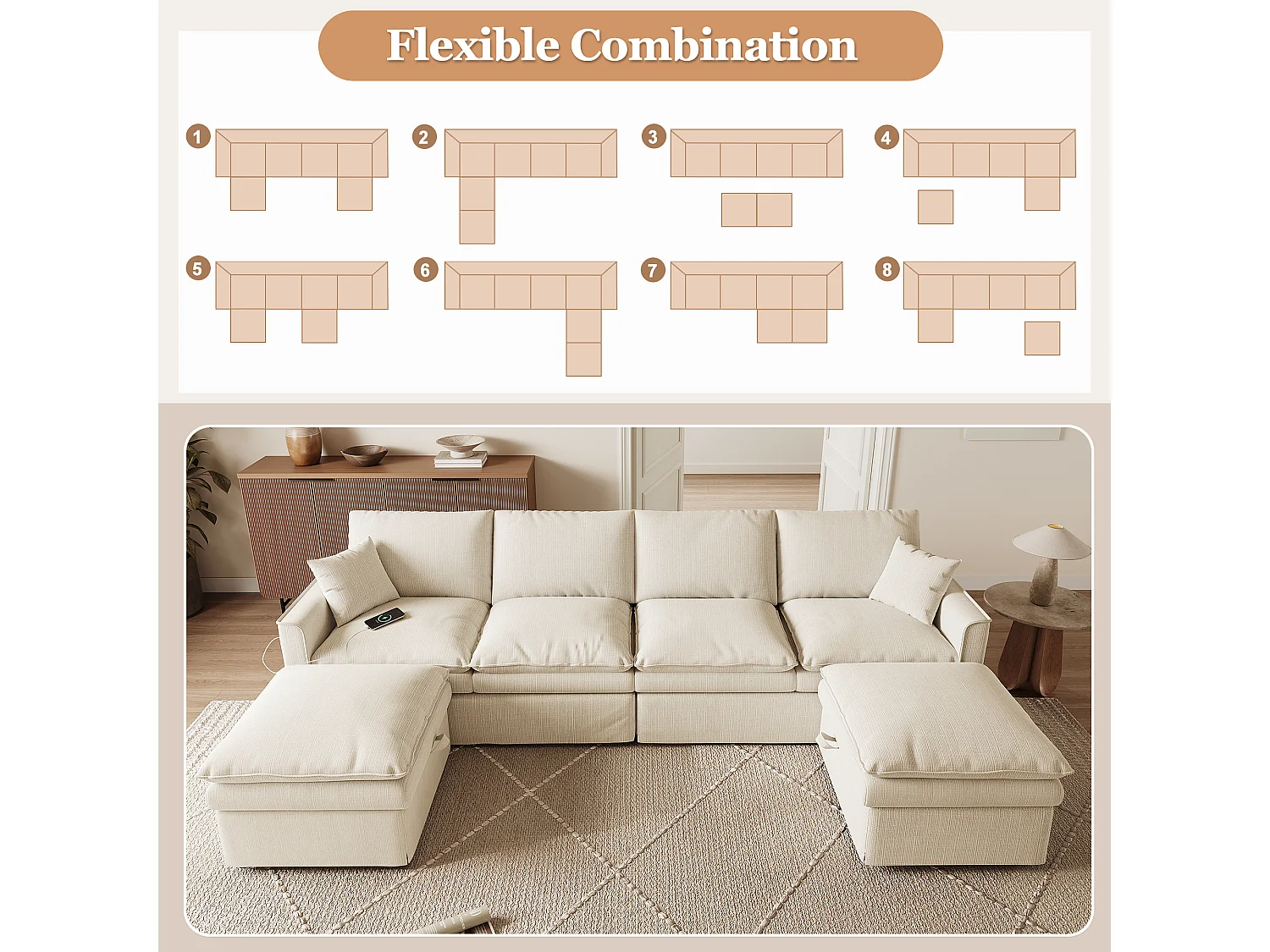 Canapé d’angle modulable en U ou en L, tissu beige, 2 poufs avec rangement pour le salon
