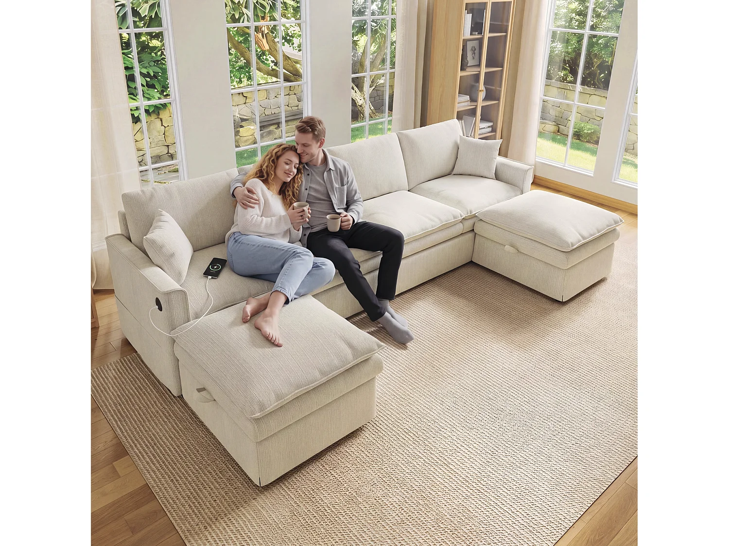 Canapé d’angle modulable en U ou en L, tissu beige, 2 poufs avec rangement pour le salon