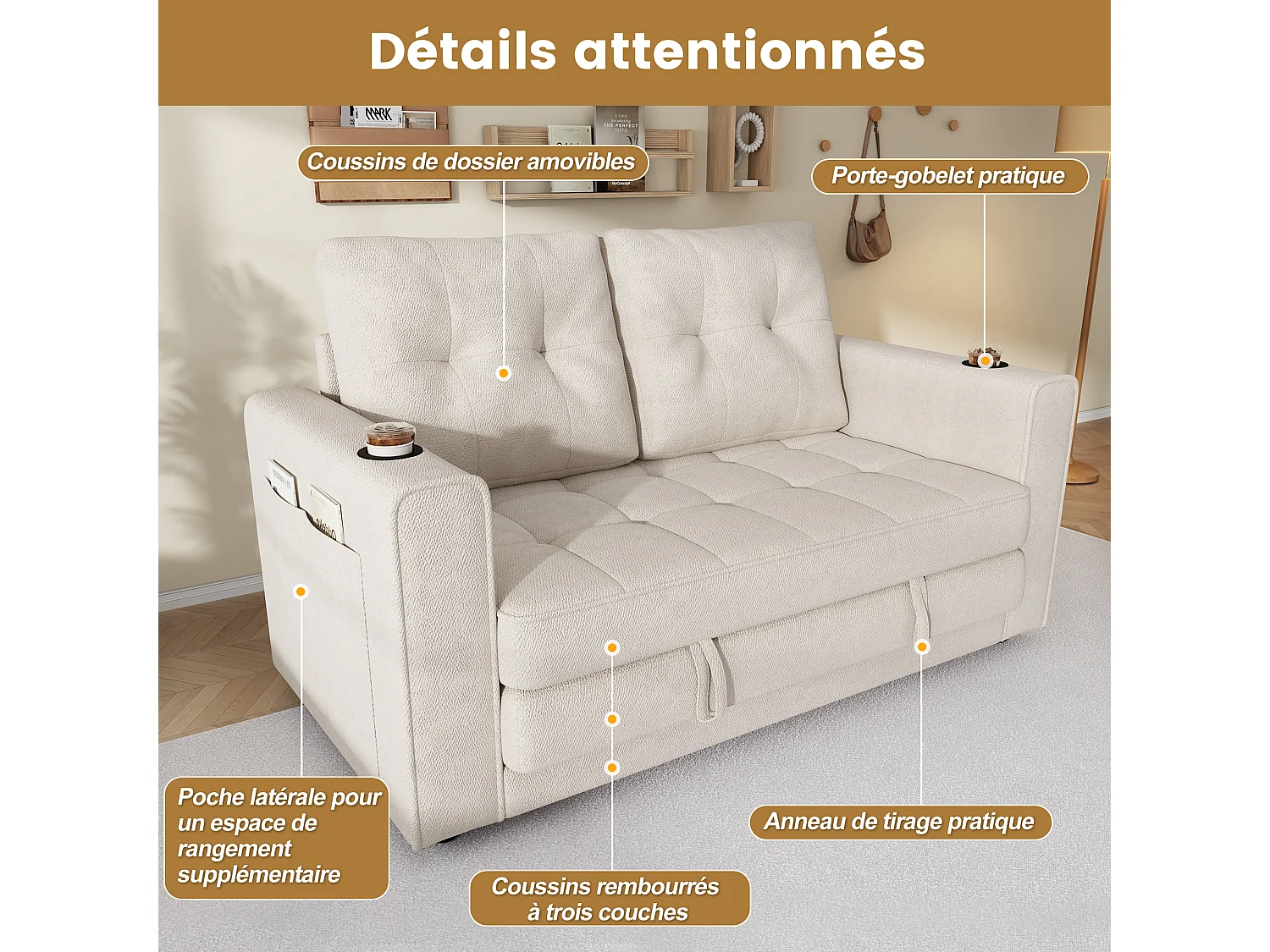 Canapé convertible 2 places beige en chenille, avec porte-gobelets pour salon