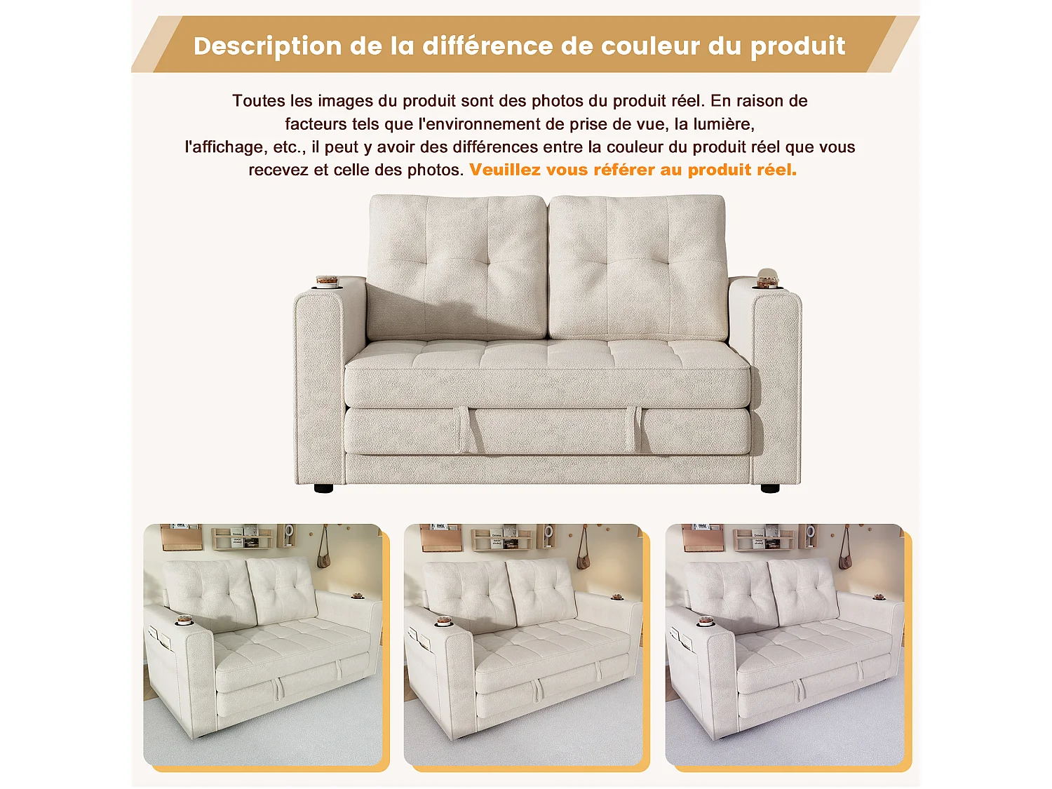 Canapé convertible 2 places beige en chenille, avec porte-gobelets pour salon