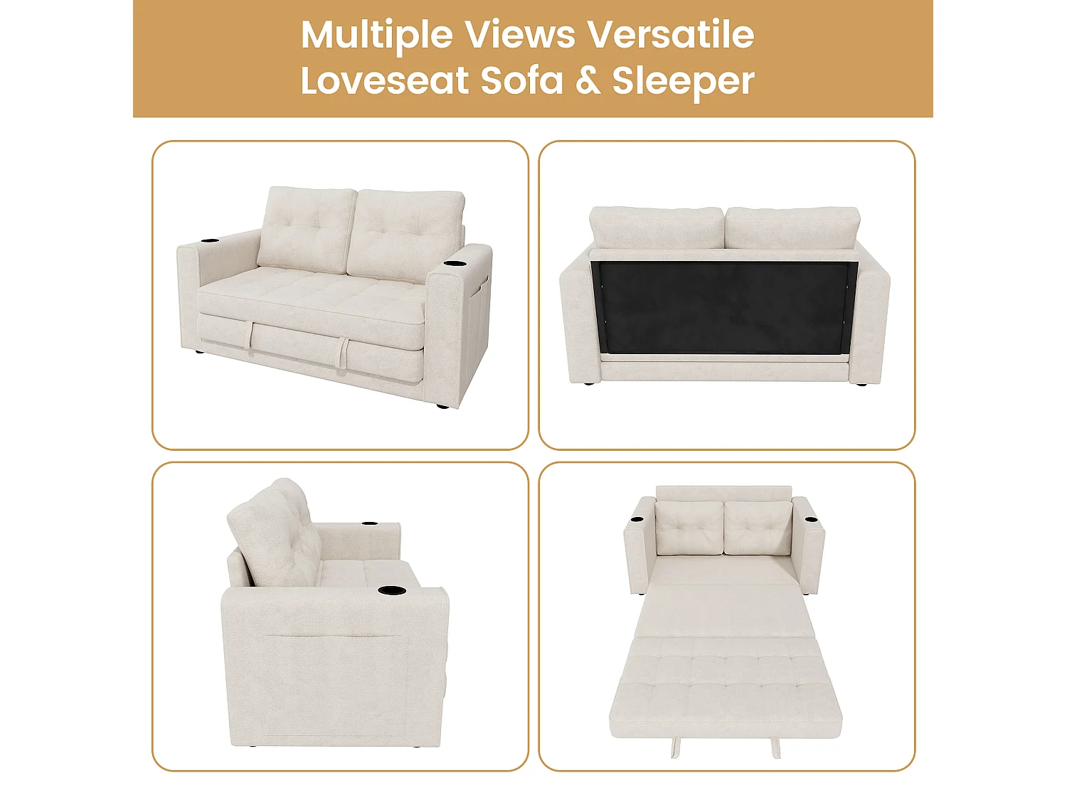 Canapé convertible 2 places beige en chenille, avec porte-gobelets pour salon