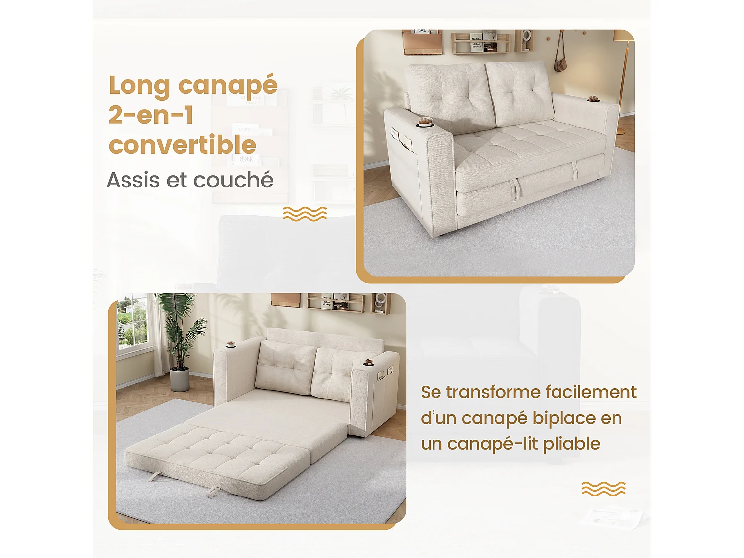 Canapé convertible 2 places beige en chenille, avec porte-gobelets pour salon