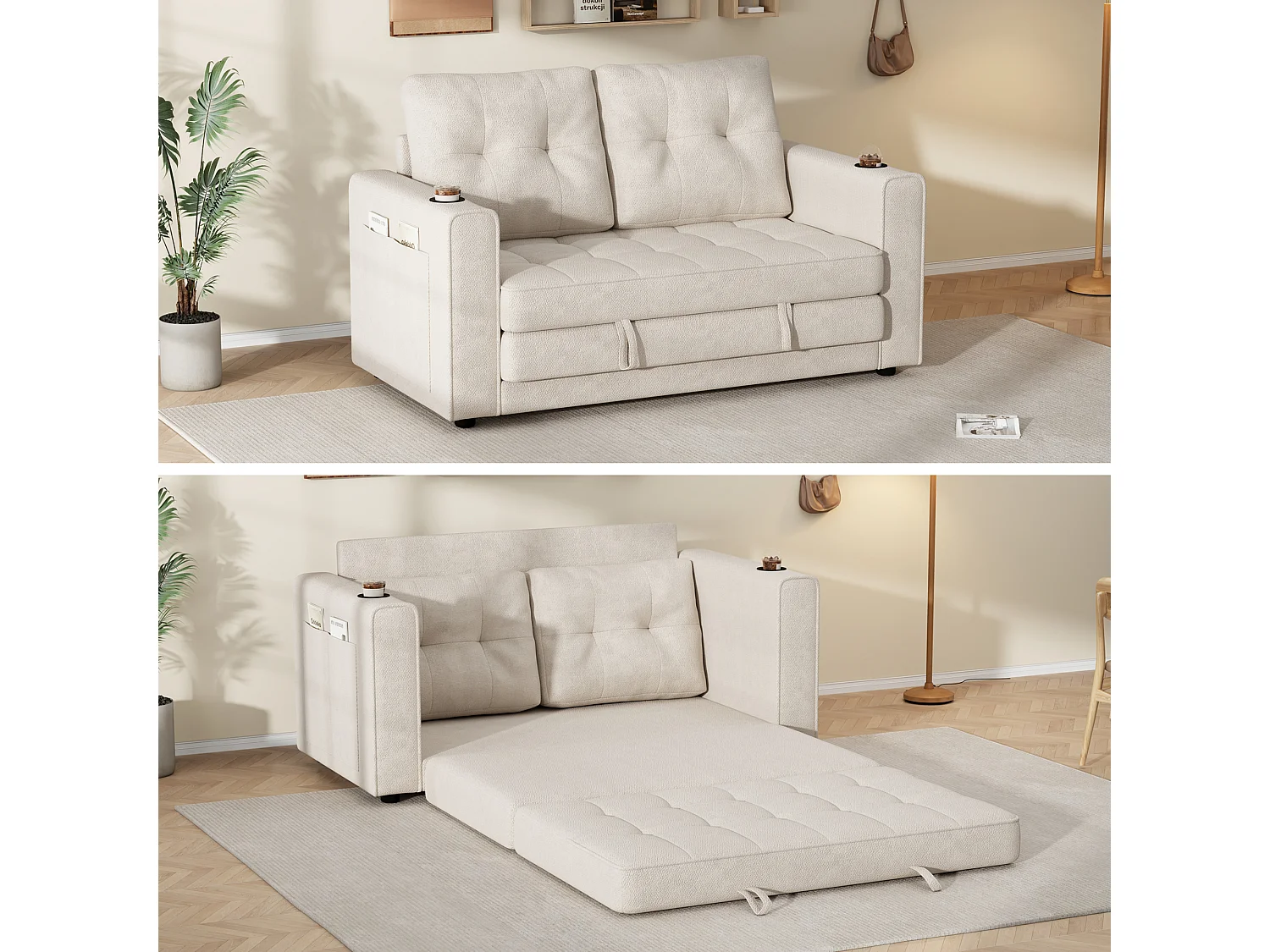 Canapé convertible 2 places beige en chenille, avec porte-gobelets pour salon