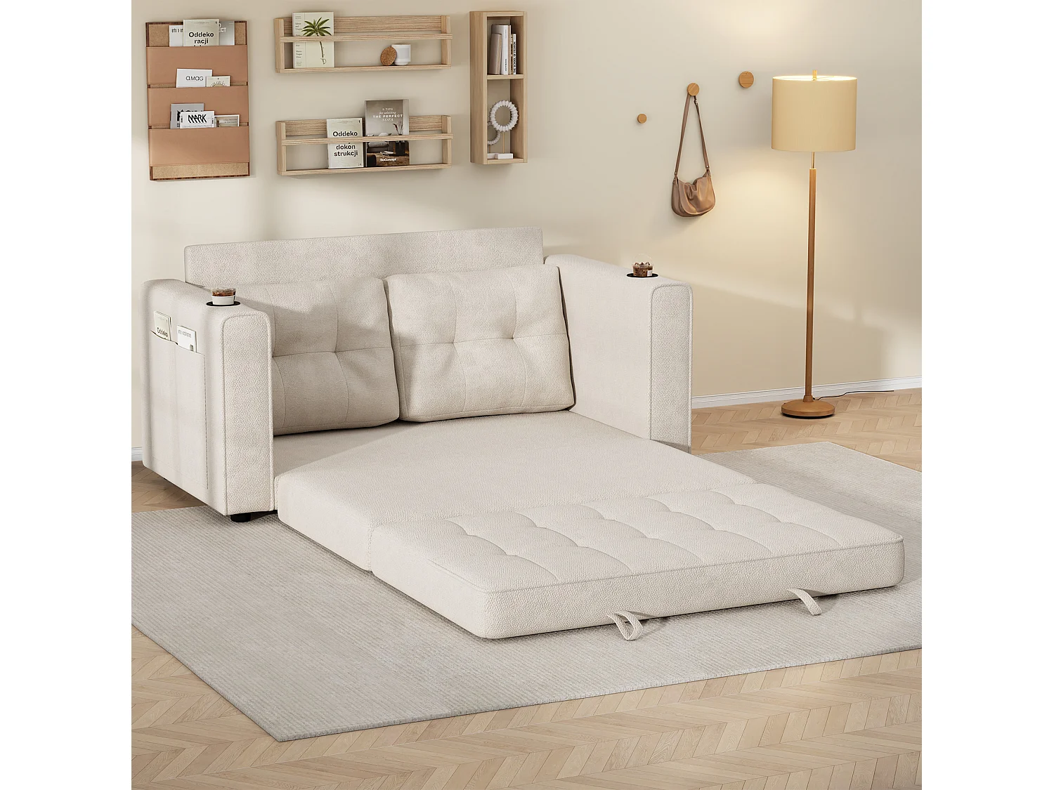Canapé convertible 2 places beige en chenille, avec porte-gobelets pour salon