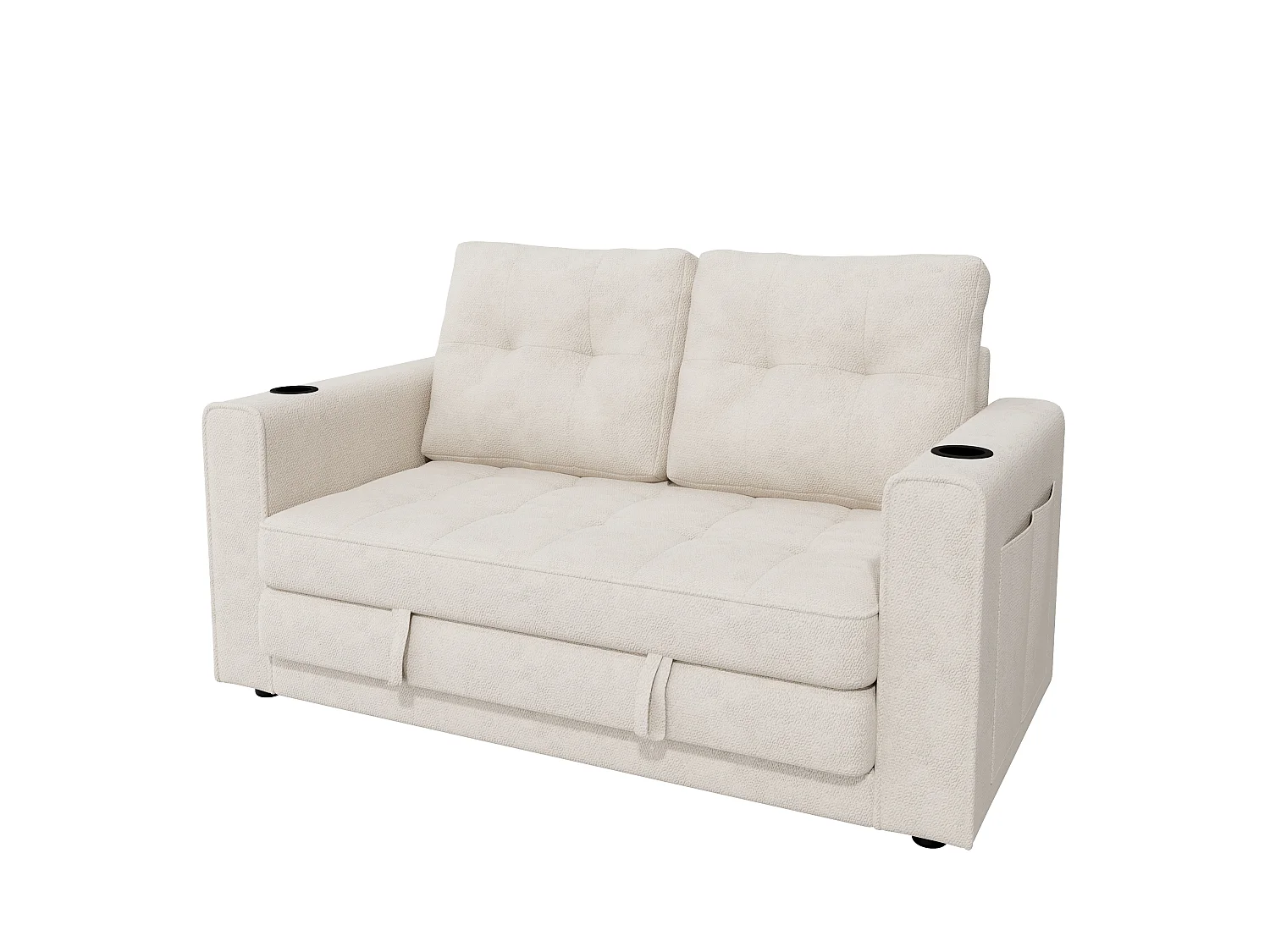 Canapé convertible 2 places beige en chenille, avec porte-gobelets pour salon