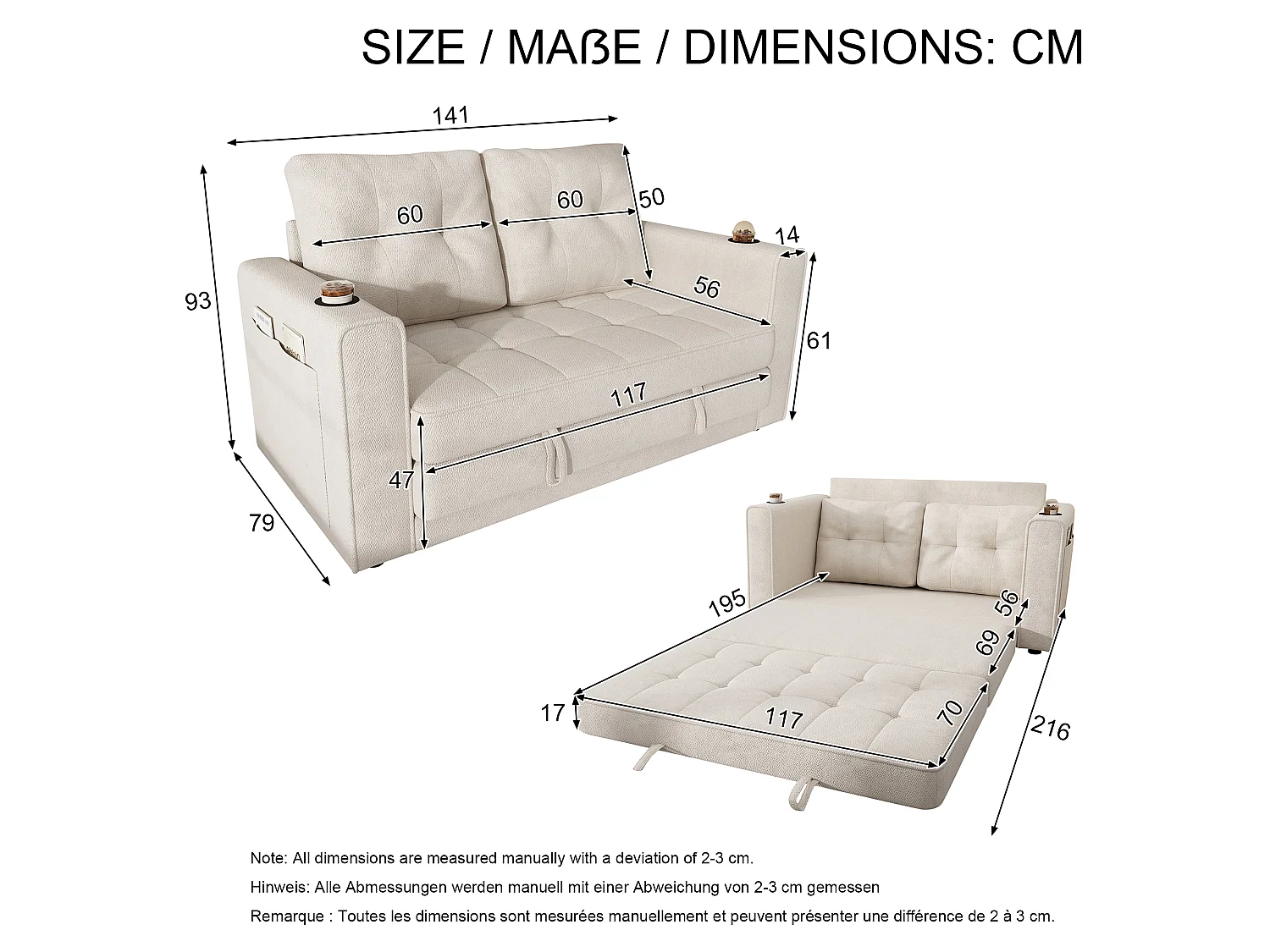 Canapé convertible 2 places beige en chenille, avec porte-gobelets pour salon