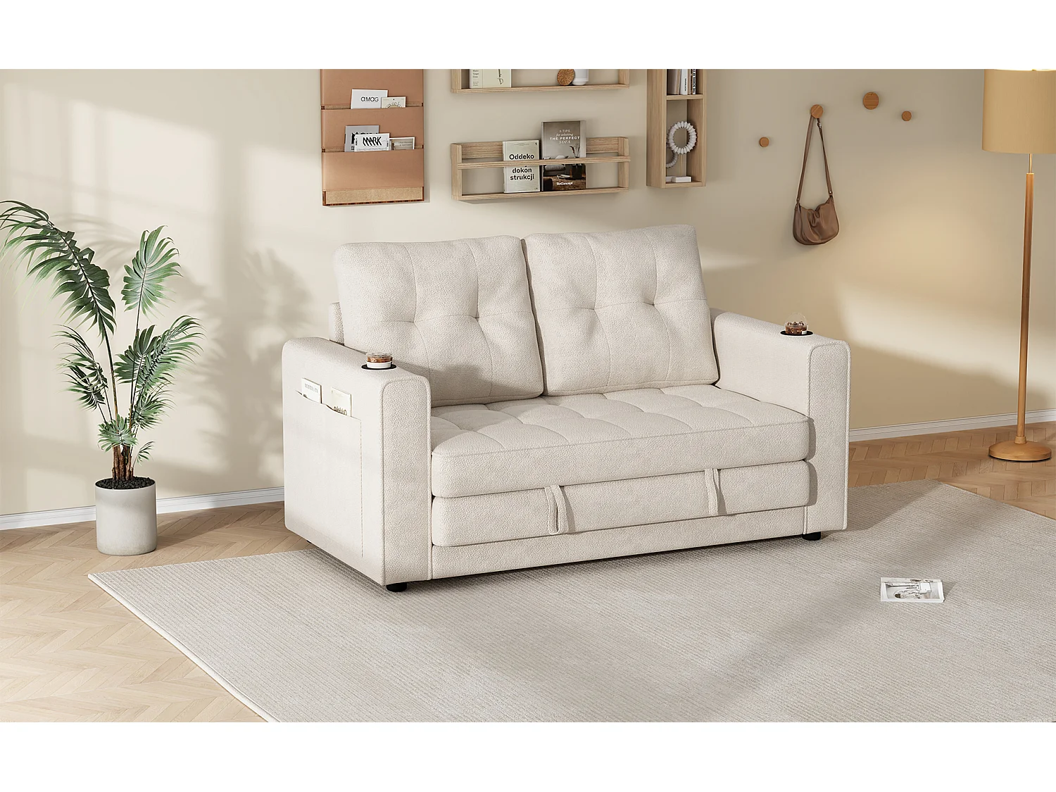 Canapé convertible 2 places beige en chenille, avec porte-gobelets pour salon