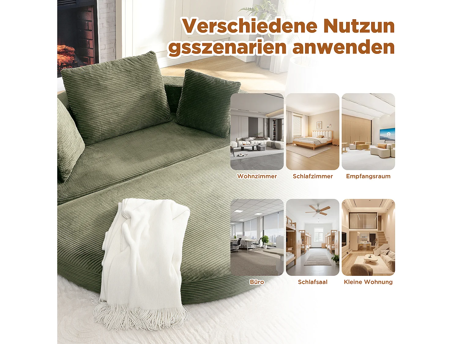 Canapé convertible 2 places en velours côtelé vert, pliable en lit ovale pour salon