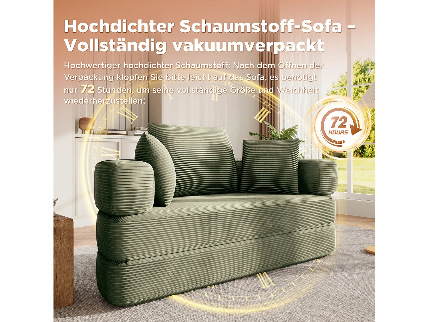 Canapé convertible 2 places en velours côtelé vert, pliable en lit ovale pour salon