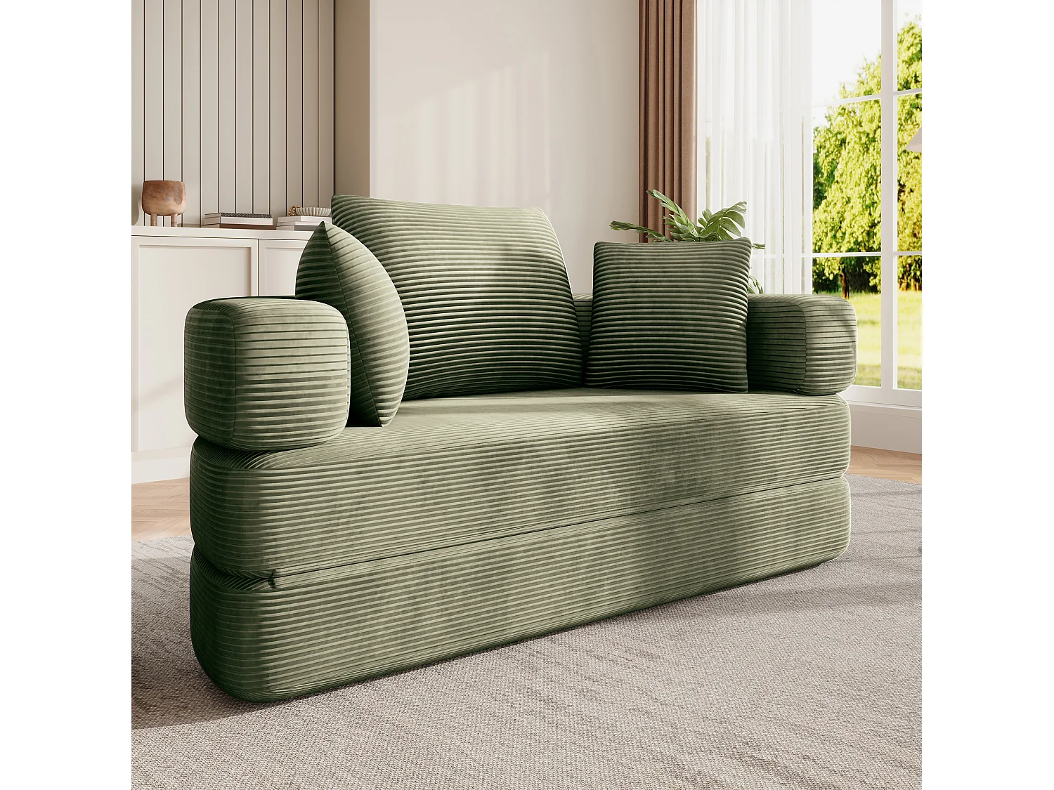 Canapé convertible 2 places en velours côtelé vert, pliable en lit ovale pour salon