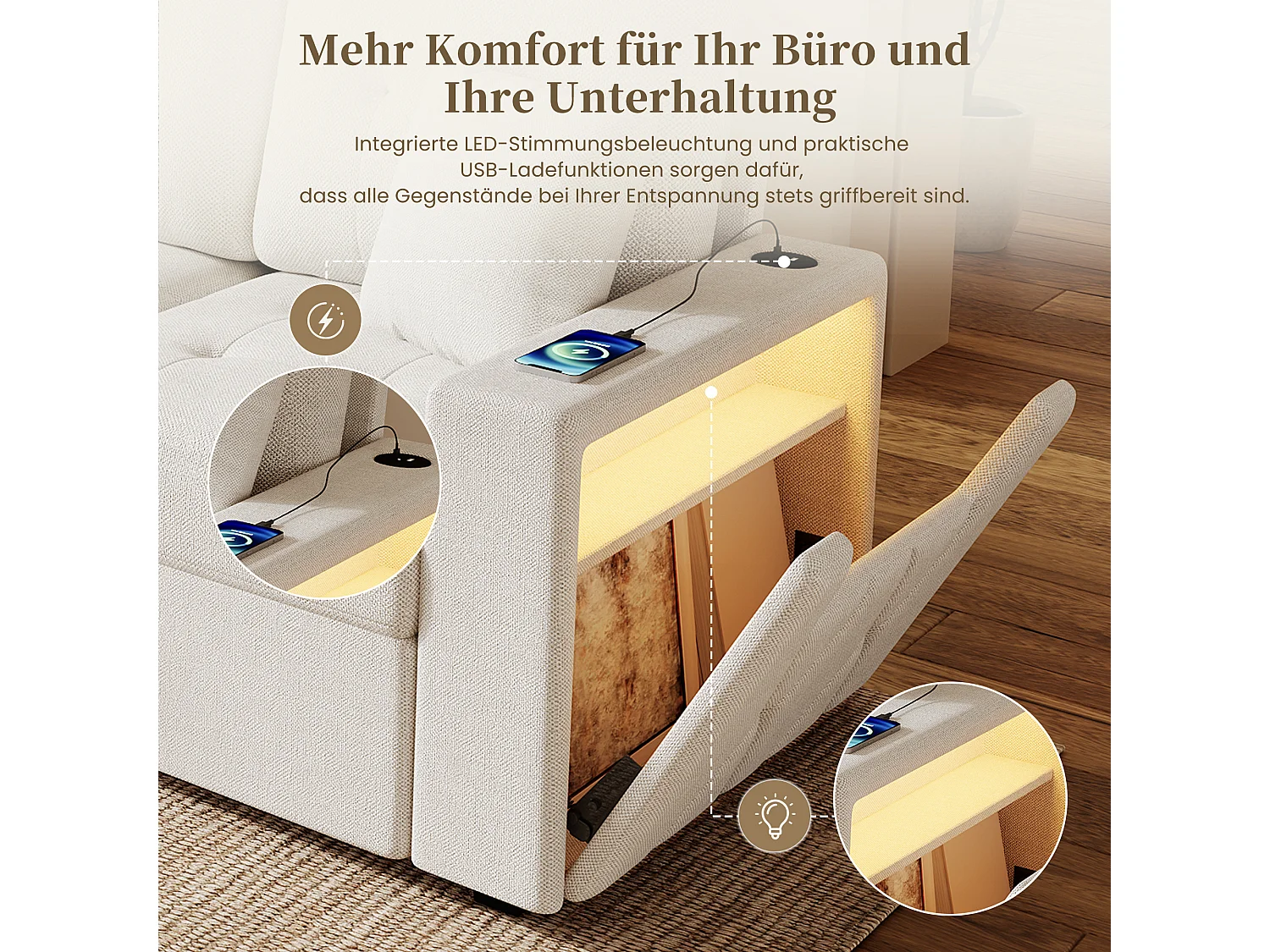 Canapé modulable avec pouf repositionnable, 4 places, rangement et éclairage LED, beige