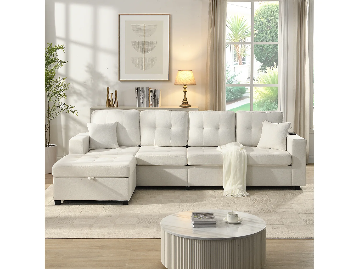 Canapé modulable avec pouf repositionnable, 4 places, rangement et éclairage LED, beige
