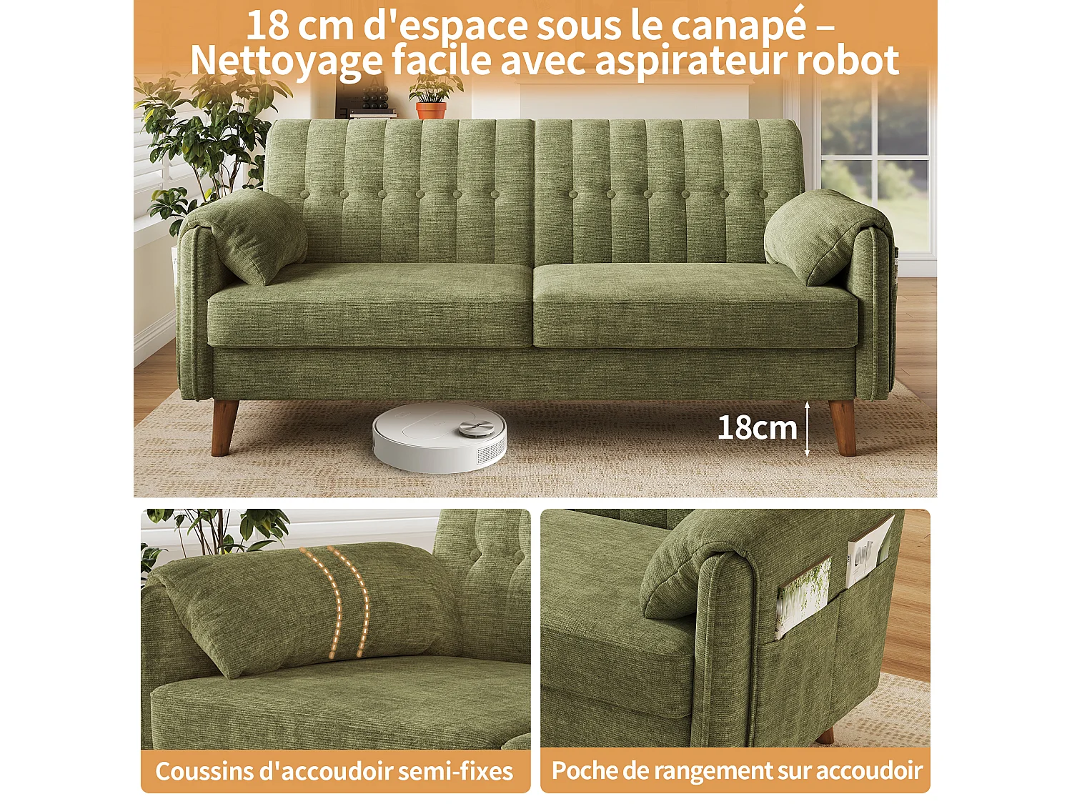 Canapé 2 places vert en tissu chenille, dossier capitonné et poches latérales pour petit salon
