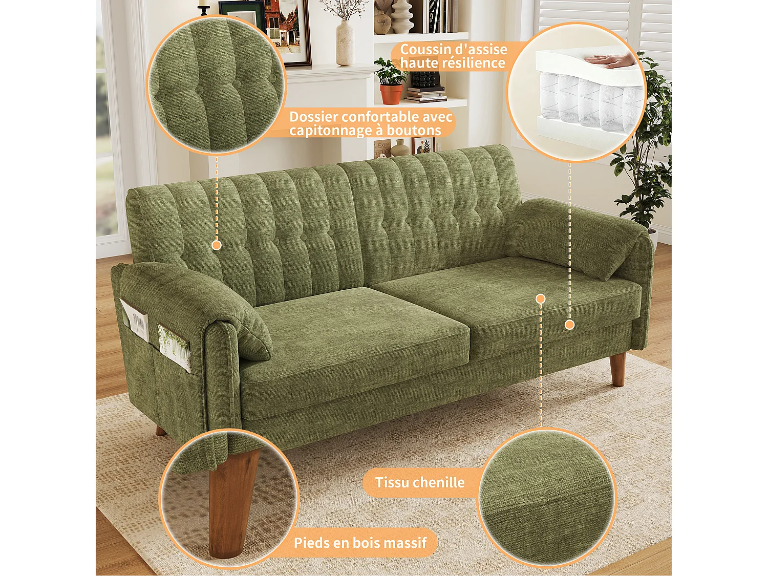 Canapé 2 places vert en tissu chenille, dossier capitonné et poches latérales pour petit salon