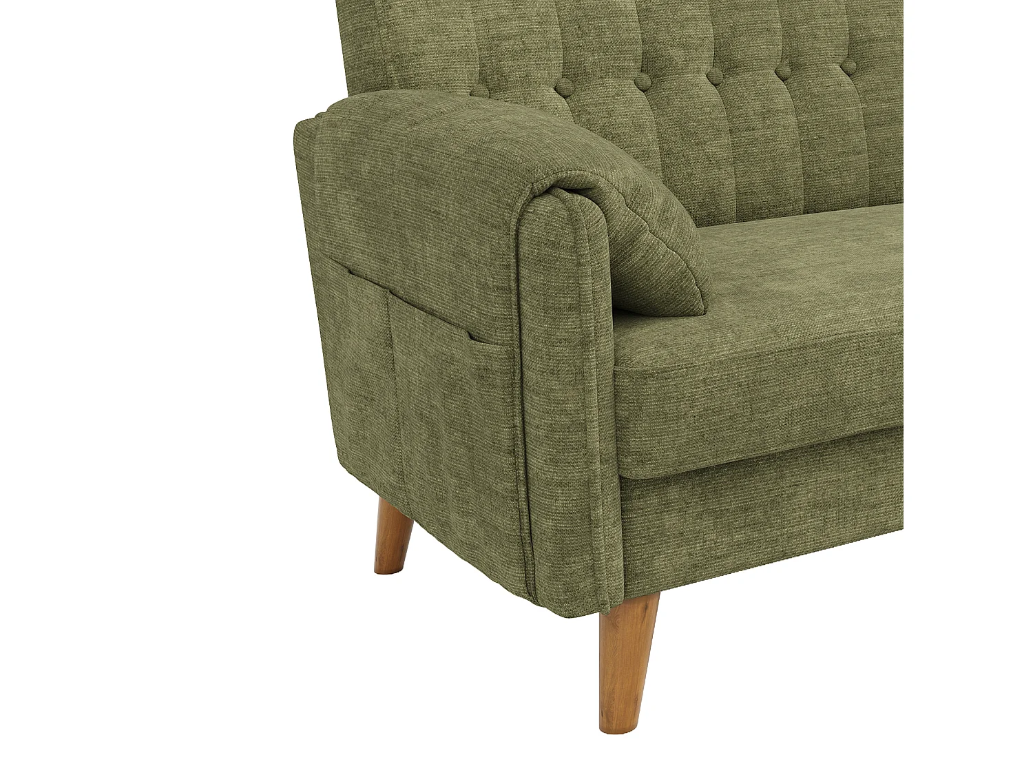 Canapé 2 places vert en tissu chenille, dossier capitonné et poches latérales pour petit salon